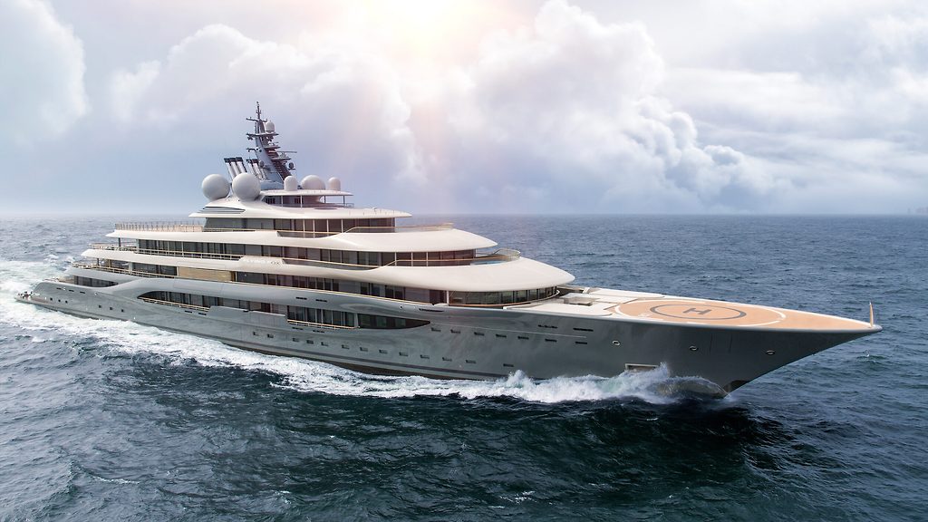 Superyacht with helipad cruising the open sea under a cloudy sky