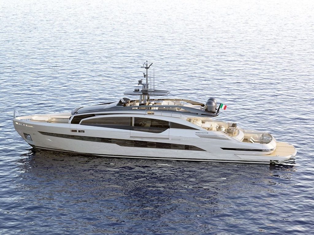 Motor yacht at anchor on calm open water, side view