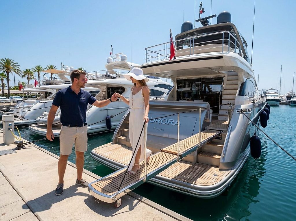 Courtier aidant une femme à descendre la passerelle d'un yacht à moteur dans un port
