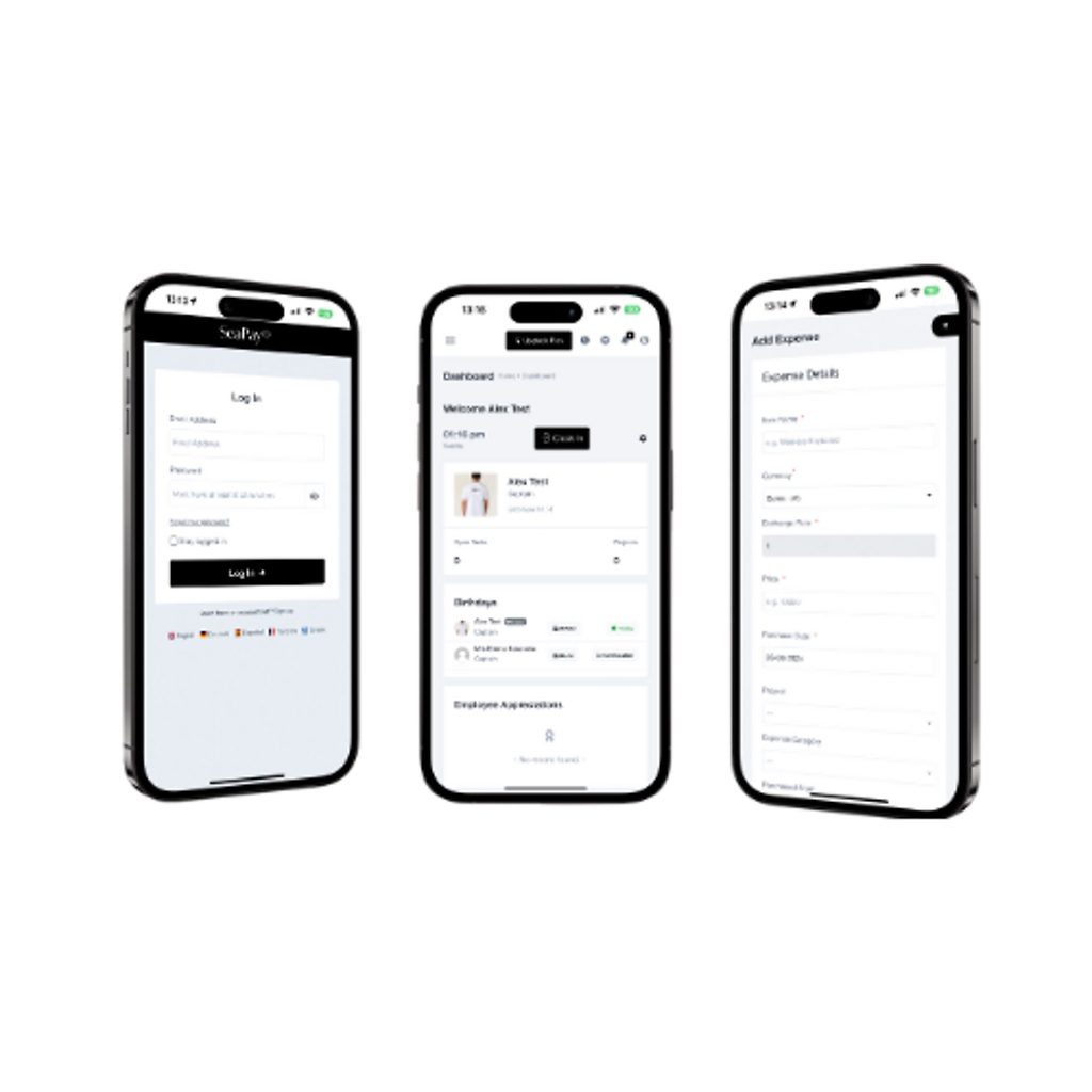 Tres smartphones con pantallas de inicio de sesión, panel y gastos de una app de nómina para tripulación