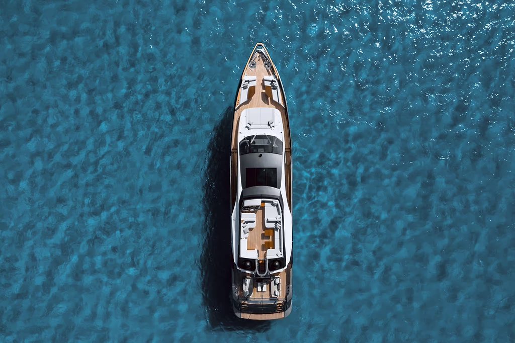 Aerial view of a motor yacht anchored on open water