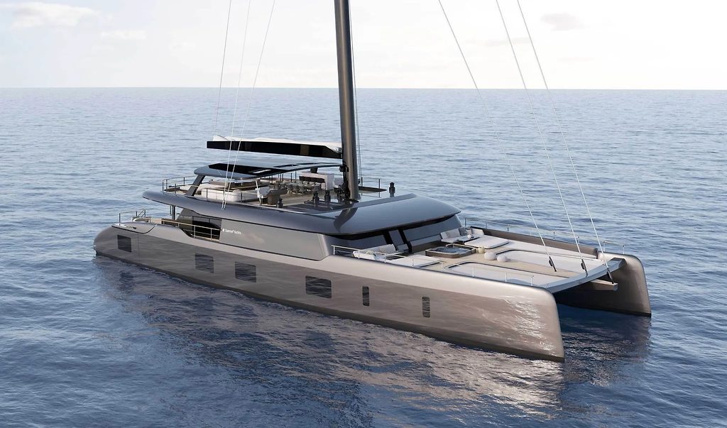 Sailing catamaran yacht with mast lowered, anchored at sea
