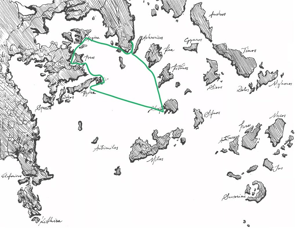 Handgezeichnete Karte des Saronischen Golfs und der Kykladen mit eingezeichneter grüner Segelroute