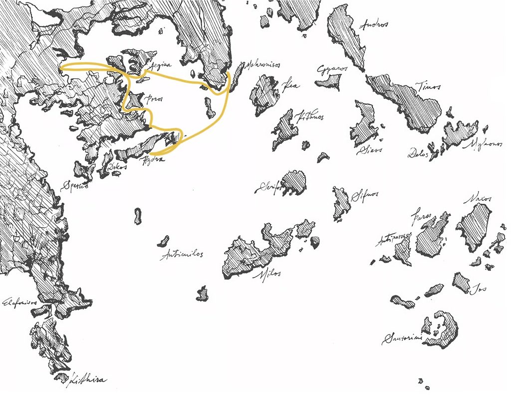 Handgezeichnete Karte der Inseln im Saronischen Golf mit markierter Segelroute, Griechenland