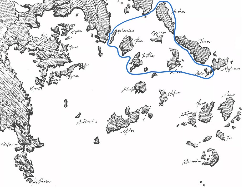 Handgezeichnete Karte der griechischen Kykladen mit markierter Segelroute um Andros, Tinos und Mykonos