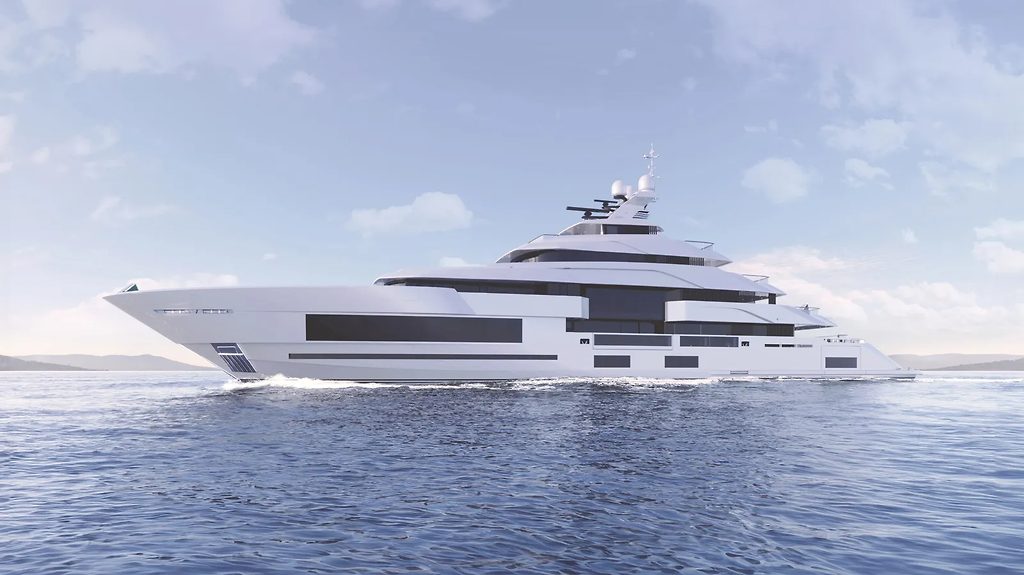Superyacht aux vitres teintées sombres naviguant en mer ouverte sous un ciel voilé