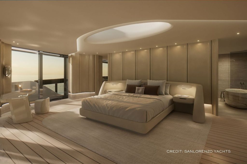 Master-Kabine mit Doppelbett, Fenstern mit Meerblick und integrierter Badewanne an Bord einer Sanlorenzo 74Steel Yacht