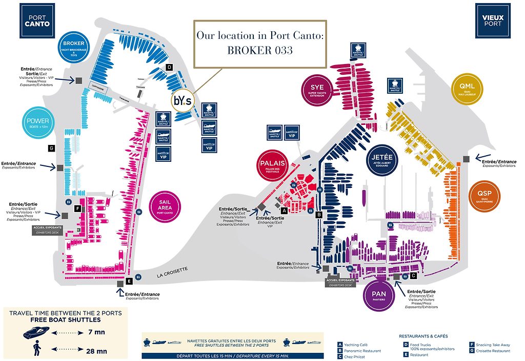 Map of Cannes Yachting Festival showing Port Canto and Vieux Port, with broker location marked at booth 033