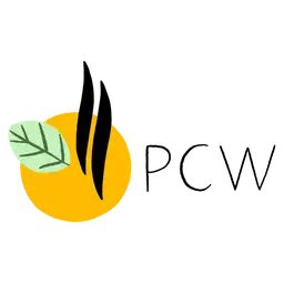 Логотип PCW: жёлтый круг с листом и фигурами в виде пламени рядом с буквами PCW
