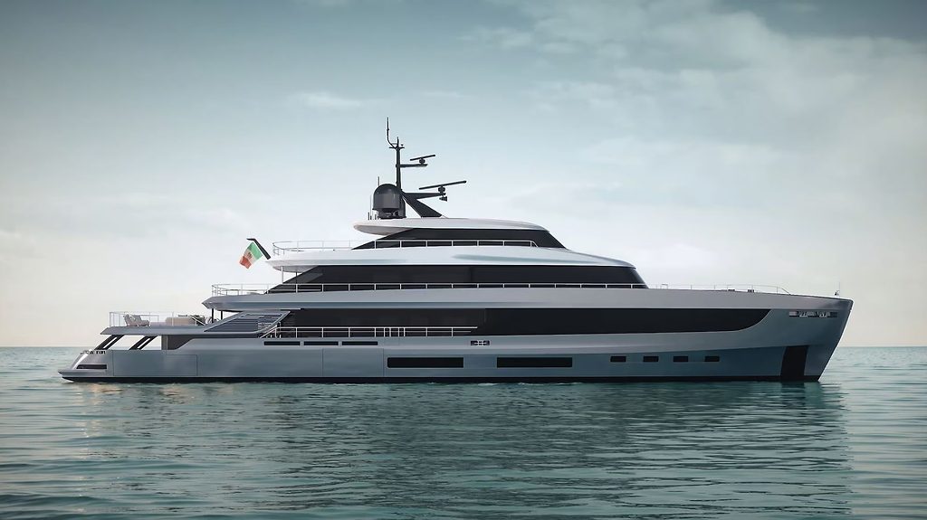 Superyacht with multiple decks, flying an Italian flag, at anchor on calm water