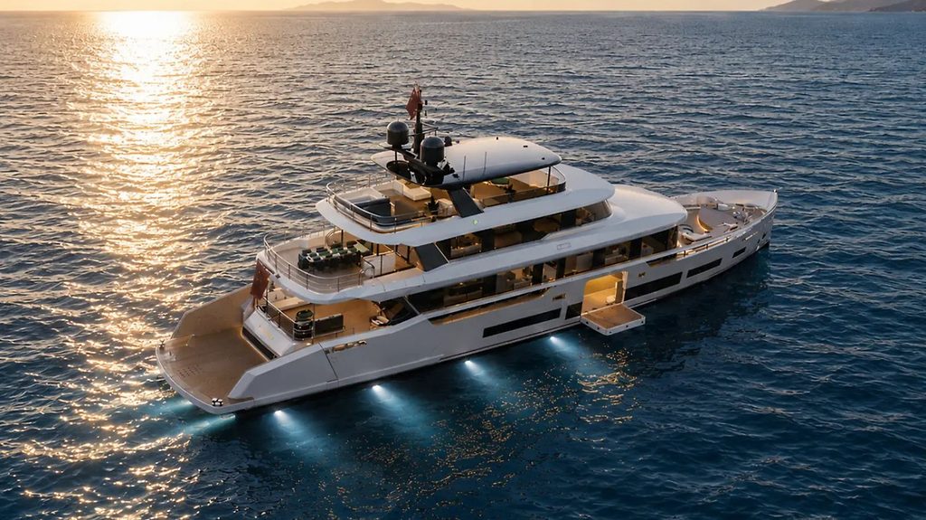 Yacht a motore all'ancora con luci subacquee accese, al tramonto con colline in lontananza